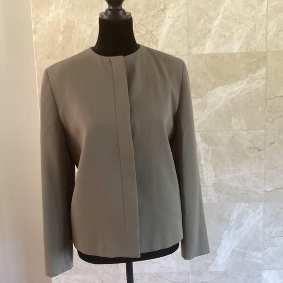 VTG Giorgio Armani Blazer 38 Olive Wool Collarless Minimalist Italy Structured - Picture 2 of 11